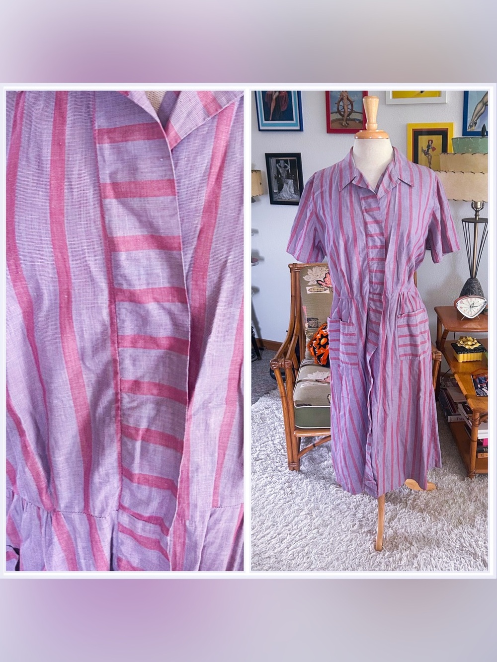Vintage 1940s Dress I Purple Stripe | Cotton | Daydress | L XL | 40s l Volup